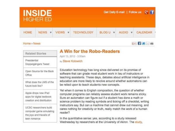 Image of an Inside Higher Ed article title A Win for the Robo-Readers