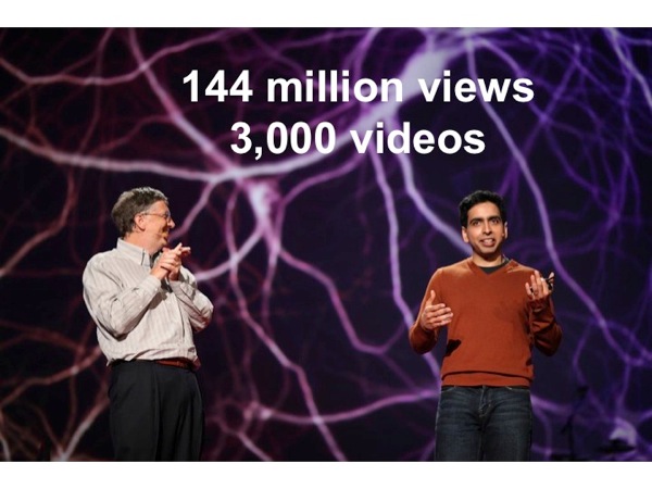 Photograph of Bill Gates and Salman Khan at a TED Talk, annotated with *144 million views / 3,000 videos*