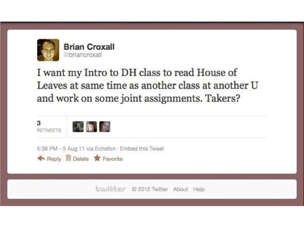 Screenshot of a tweet inviting others to participate in joint assignment about House of Leaves