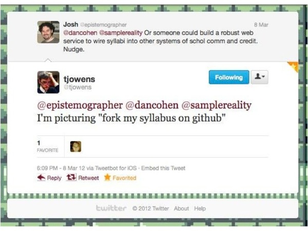 Screenshot of a tweet about forking syllabi from Trevor Owens